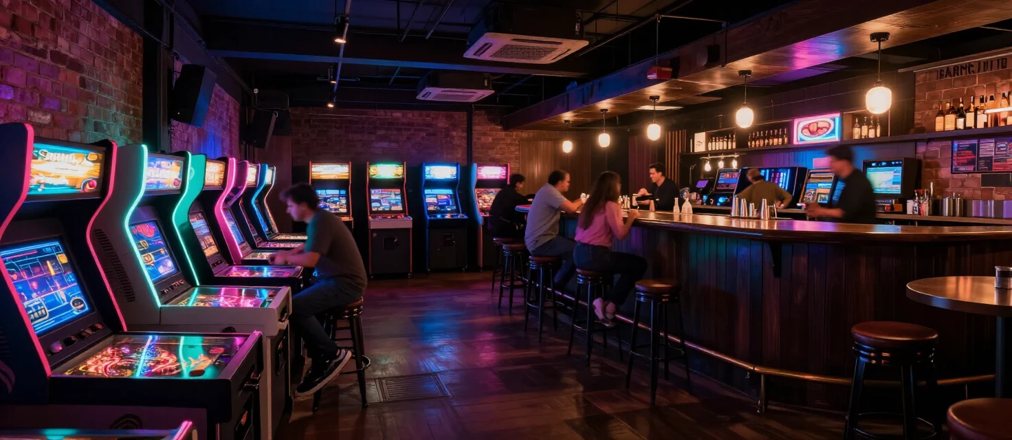 Concept visualization of the planned Electric Avenue arcade bar interior — rows of glowing cabinets and pinball under neon light